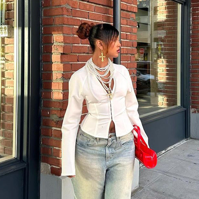 Casual Temperament Wild Raglan Sleeve Hooks Long Sleeve Top