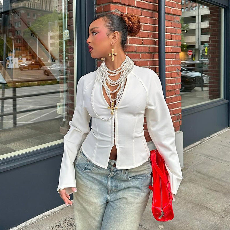 Casual Temperament Wild Raglan Sleeve Hooks Long Sleeve Top